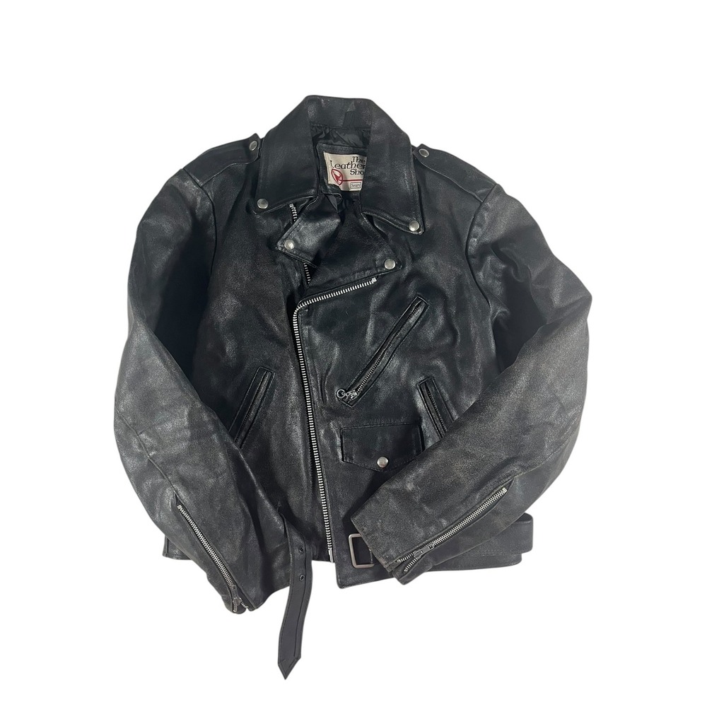 Vintage 1970's The Leather Shop Men's Black Leather Motorcycle Jacket Size 40